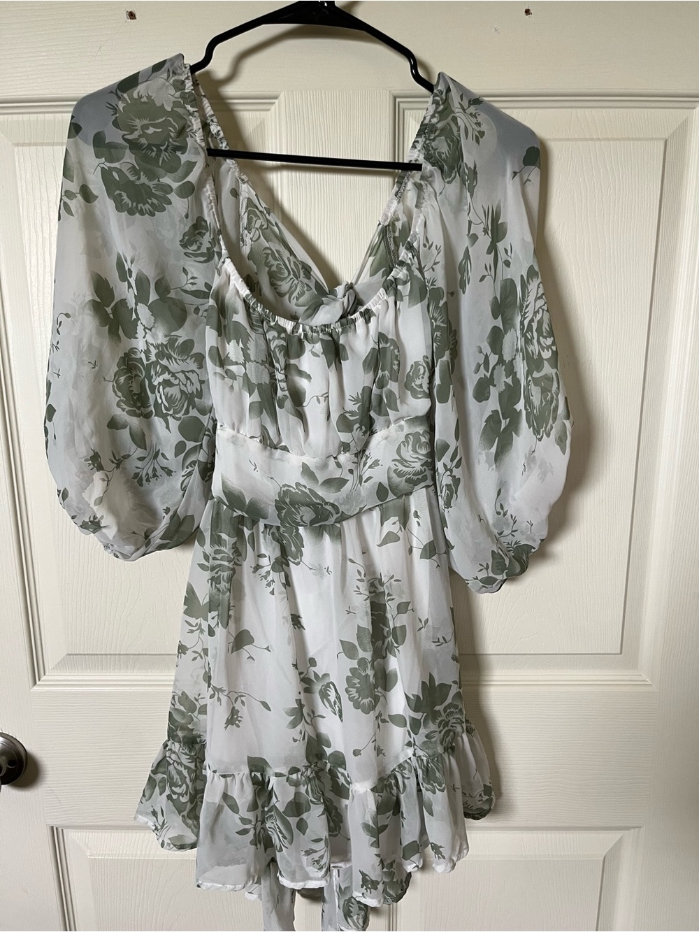 Floral Puff Sleeve Mini Dress in Sage Green and White